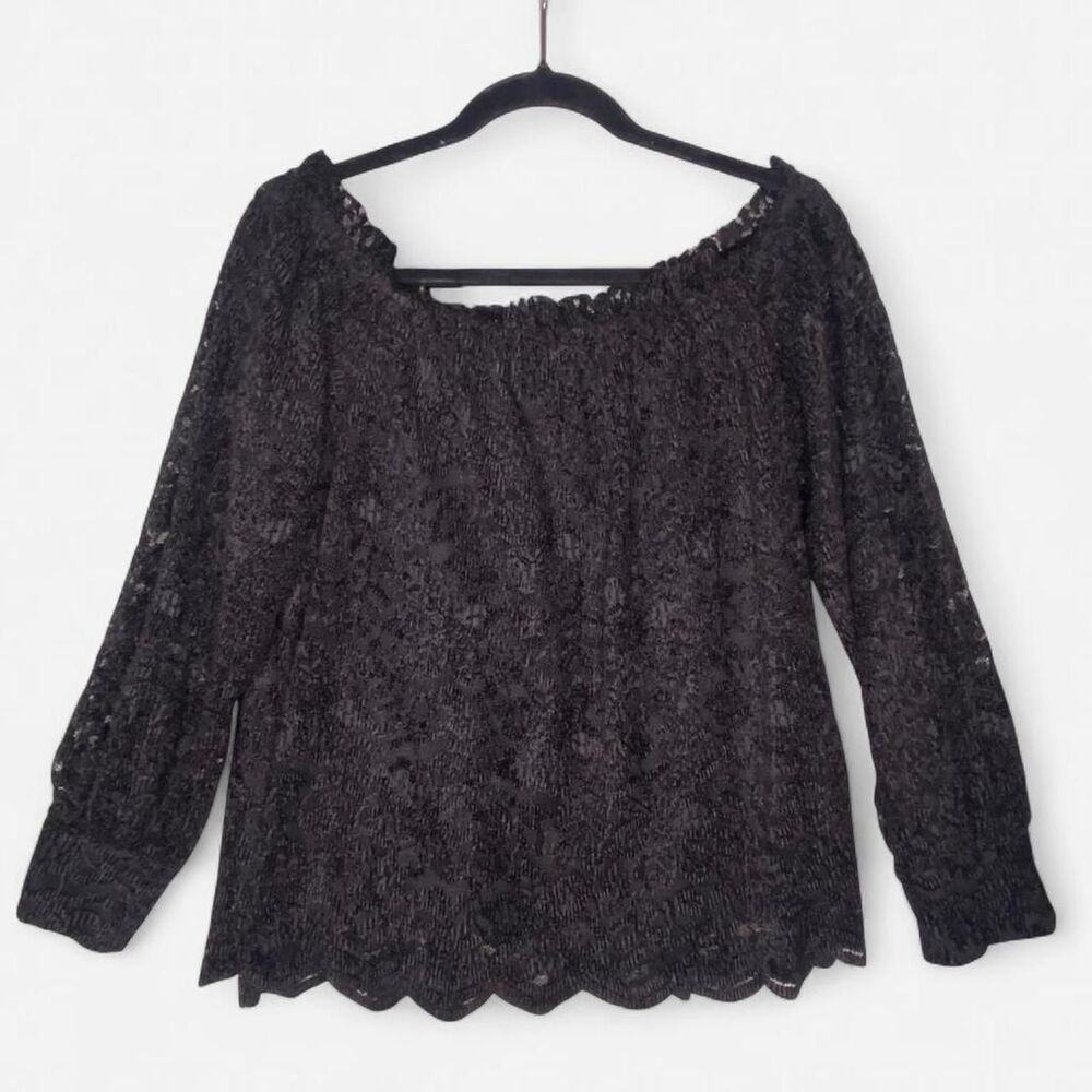 Eri+Ali Black Lace Top with Sheer Sleeves S/M